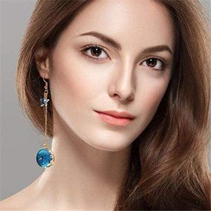 Honbay Asymmetrical Moon Star Earrings - Gold & Blue Enamel Dangle Pendant Earrings